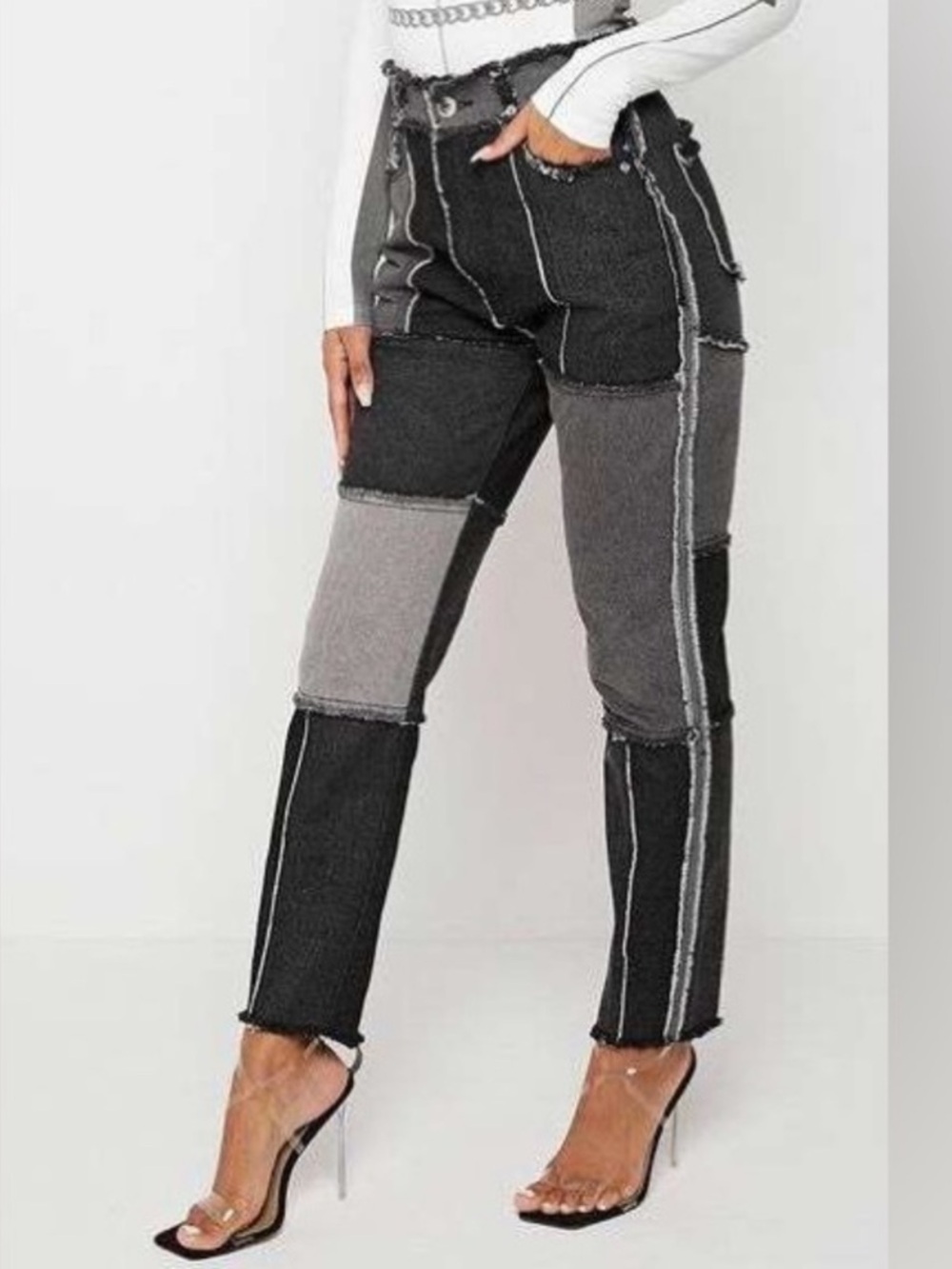 Maniere De Voir Gray/Black Highwaisted Patchwork Jeans Womens Size 8 NWT
